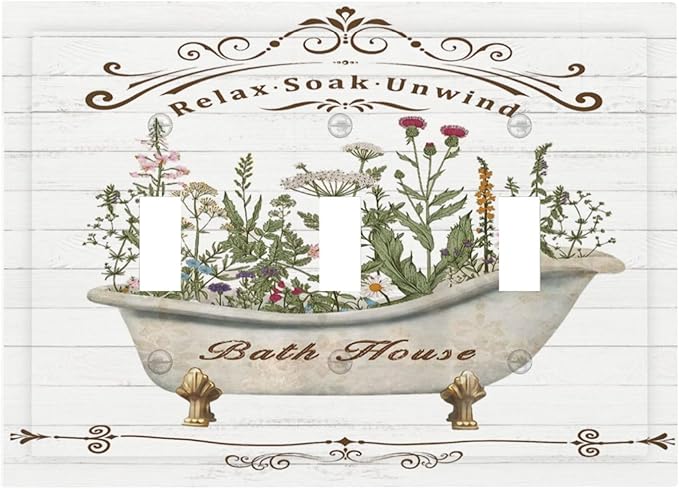 Rustic Farmhouse Wooden Board Botanical Flower 3 Gang Wall Plates Decorative Triple Toggle Light Switch Cover Electrical Switchplate Unused Decorate Faceplate for Bathroom Home