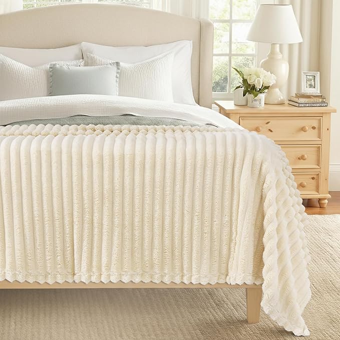 decorUhome Soft Fleece Beige Blanket Queen Size for Bed, Cozy Fluffy Plush Flannel Large Striped Throws for Couch Sofa, Lightweight Decorative Fuzzy Blanket for Woman, 90x90 Inches