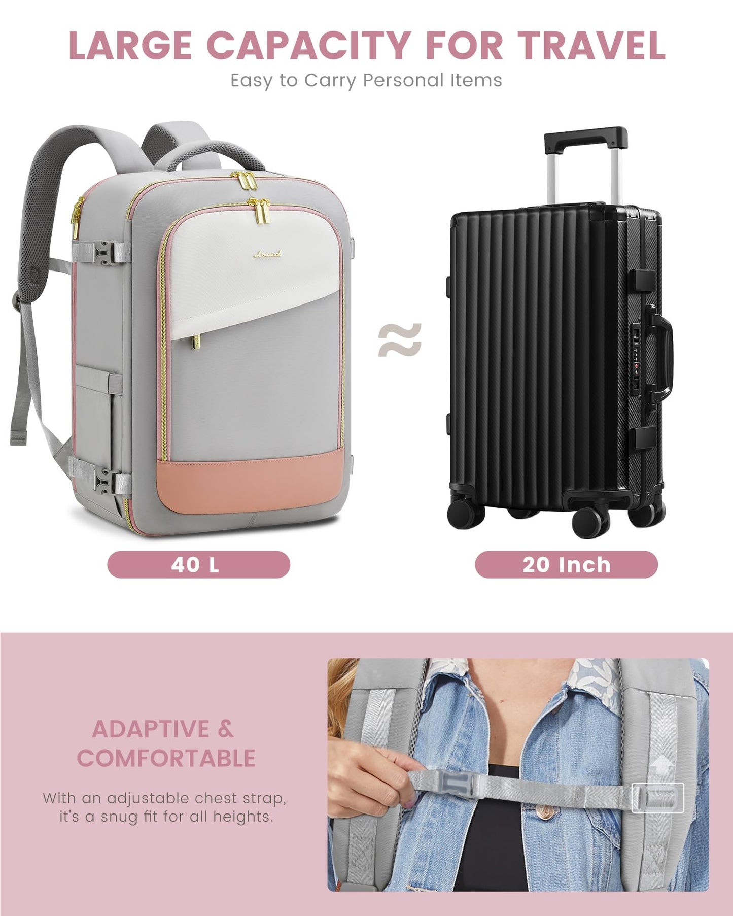 LOVEVOOK Travel Backpack for Women, 40L Carry On Backpack Flight Approved, Large Personal Item Bag Fits 17 inch Laptop, TSA Approved Luggage with 3 Packing Cubes,Waterproof Weekender Gym Essentials