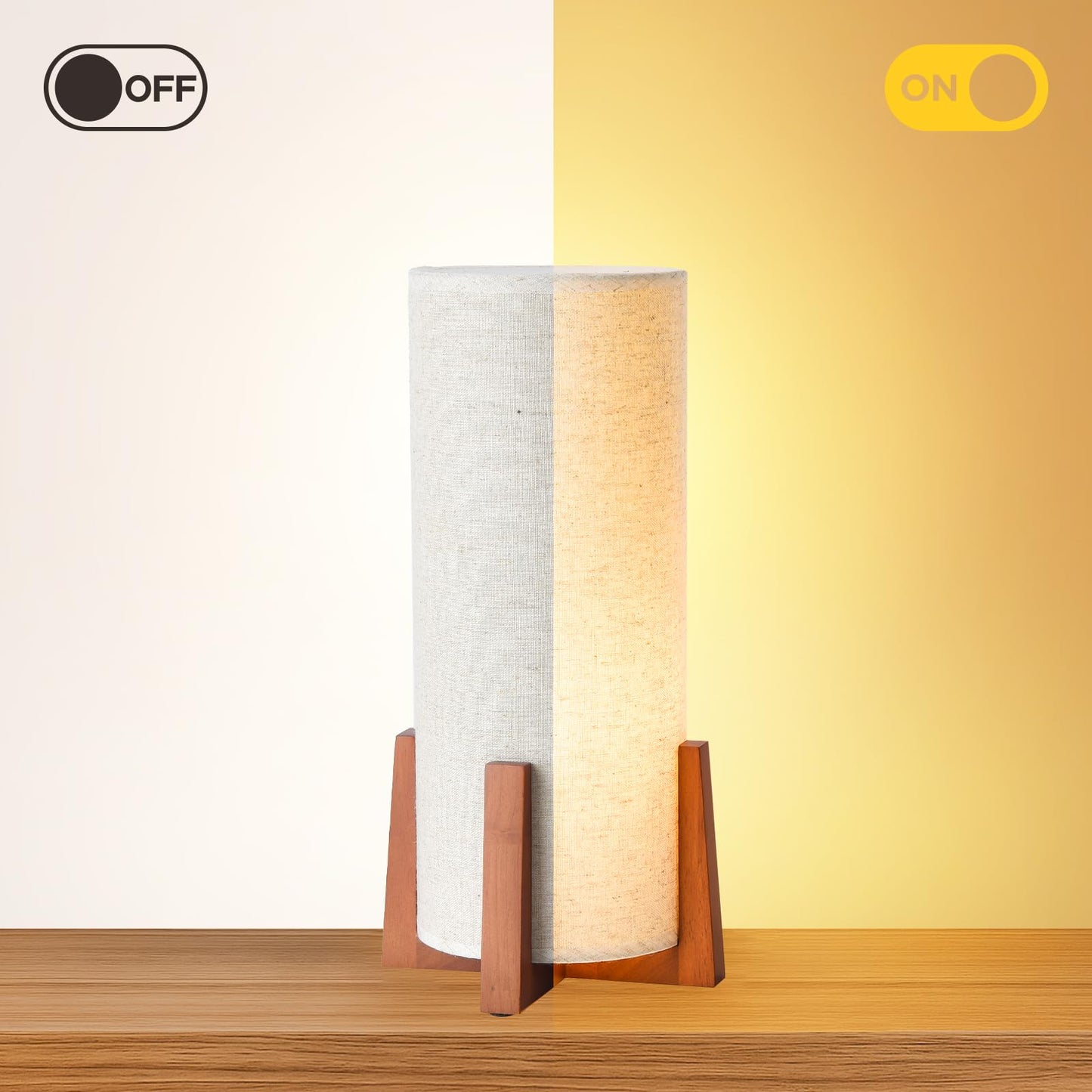 Fengarolam Modern Small Table Lamps, Nightstand Lamp with Linen Fabric Shade, 13.97" Cylinder Wood Base Bedside Table Lamp for Bedroom Office Living Room Home Decor