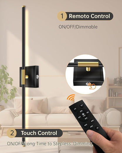 Battery Operated Wall Sconces with Remote Control, Dimmable Wall Sconces Set of Two, 3000K-6500K LED Wireless Picture Lights for Wall, Bedroom, Hallway, Living Room, 350°Rotate, 24.4 Inch(2 Pack)