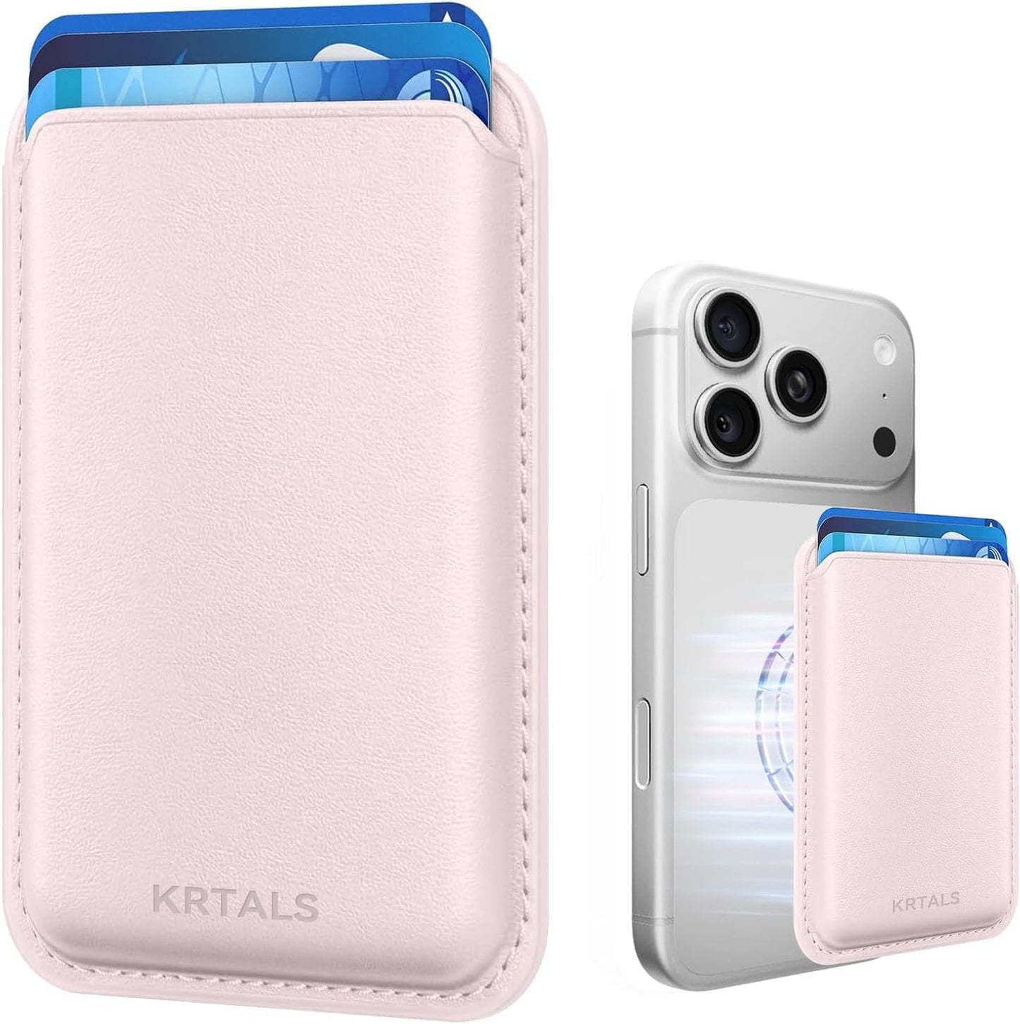 KRTALS Magnetic Wallet Cell Phone Card Holder for Phone Case, Stronger Magnetic RFID Leather Phone Wallet Stick on Series of iPhone 12/13/14/15/16/17 and Pro/Promax, Light Pink