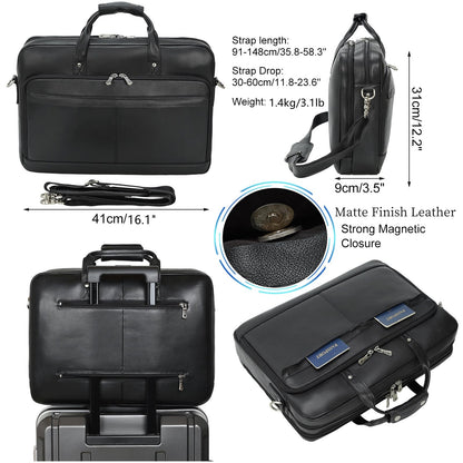 Masa Kawa Black Leather Briefcase for Men 15.6 Inch Laptop Crossbody Shoulder Messenger Professional Office Bag Attache Brief Case Handbag Gifts for Business Travel Work Lawyer, Medium