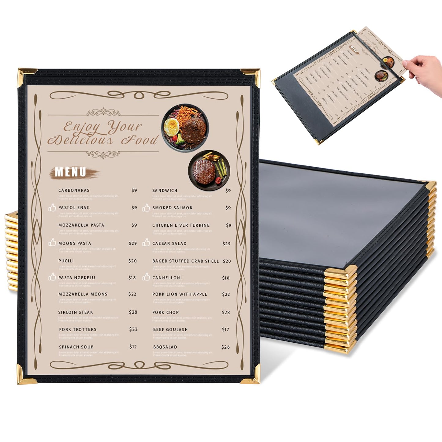 FLKQC Restaurant Menu Covers 8.5 x 11" with PVC Cover, 12 Pack Synthetic Leather Menu Holder Covers with Protective Layer, Book Style, Black, Perfect for Wine List, Laminated Menu Covers (12, 1 Page)