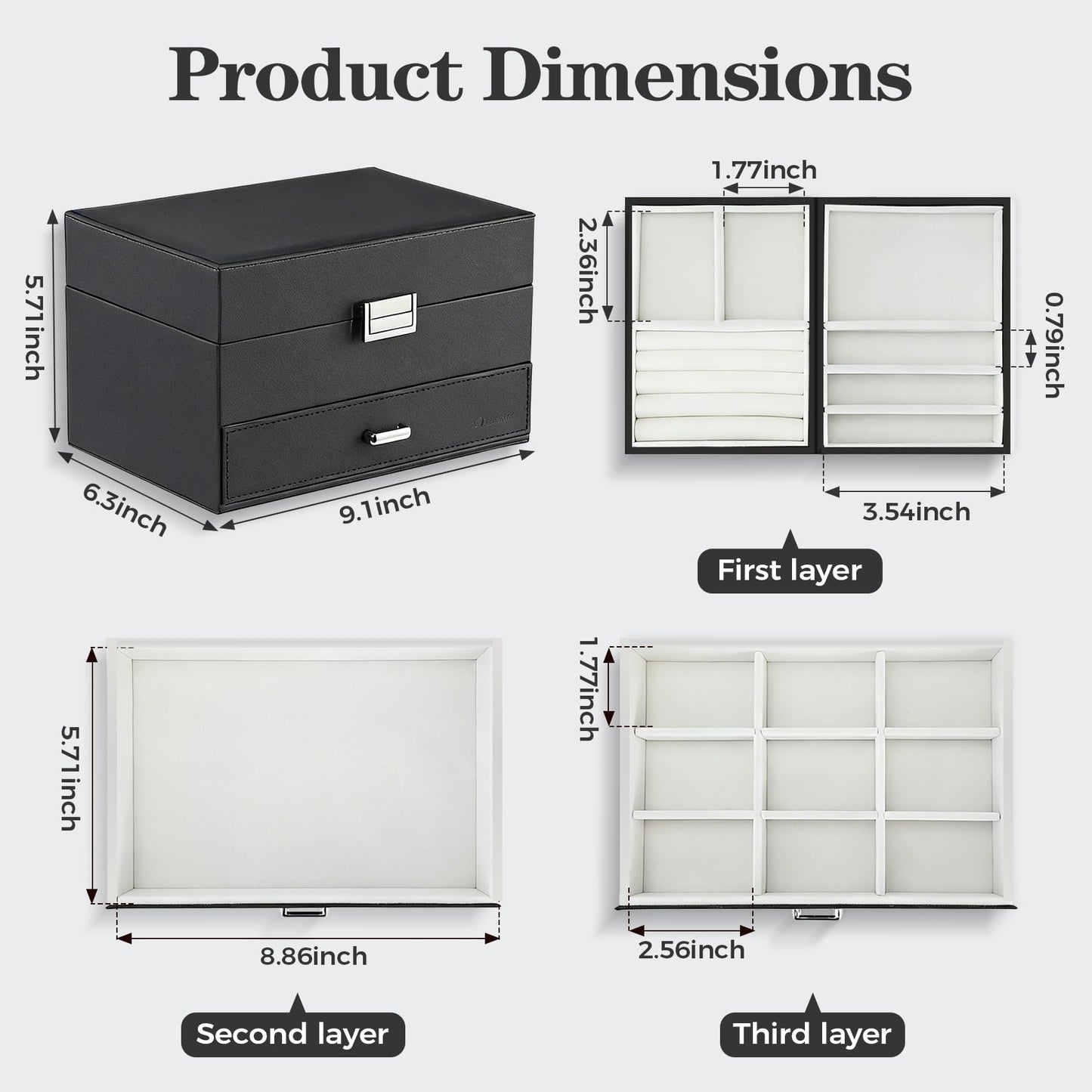Dajasan Jewelry Organizer Box, Large Jewelry Boxes for Women Girls, Space-Saving 3 Layers Jewelry Storage Case with Drawer, Movable Metal Stand, Modern, Gift Idea (Black)