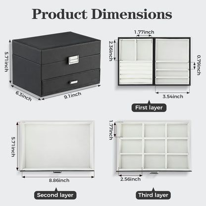 Dajasan Jewelry Organizer Box, Large Jewelry Boxes for Women Girls, Space-Saving 3 Layers Jewelry Storage Case with Drawer, Movable Metal Stand, Modern, Gift Idea (Black)