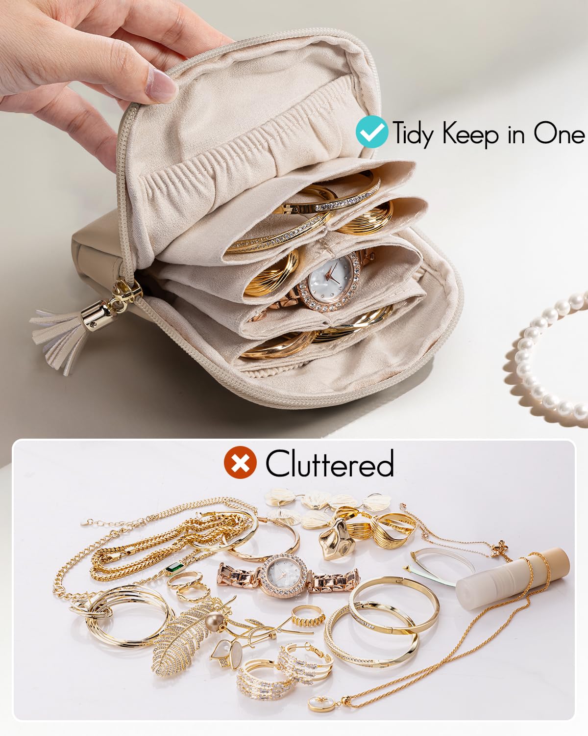 VLANDO Small Jewelry Travel Case,Gifts for Women,Jewelry Pouch Bags with Zipper,Velvet Jewelry Organizer Storage Bag for Bracelet Rings Earring-Toffee