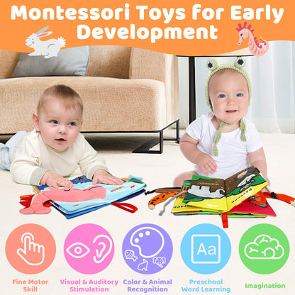 YOGINGO 2PCS Baby Books - Montessori Toys Cute Animal Theme Baby Cloth Books 6 to 12 Months, Soft Stuffed High Contrast Crinkle Infant Sensory Toys, Boys&Girls Kids Early Learning Gifts