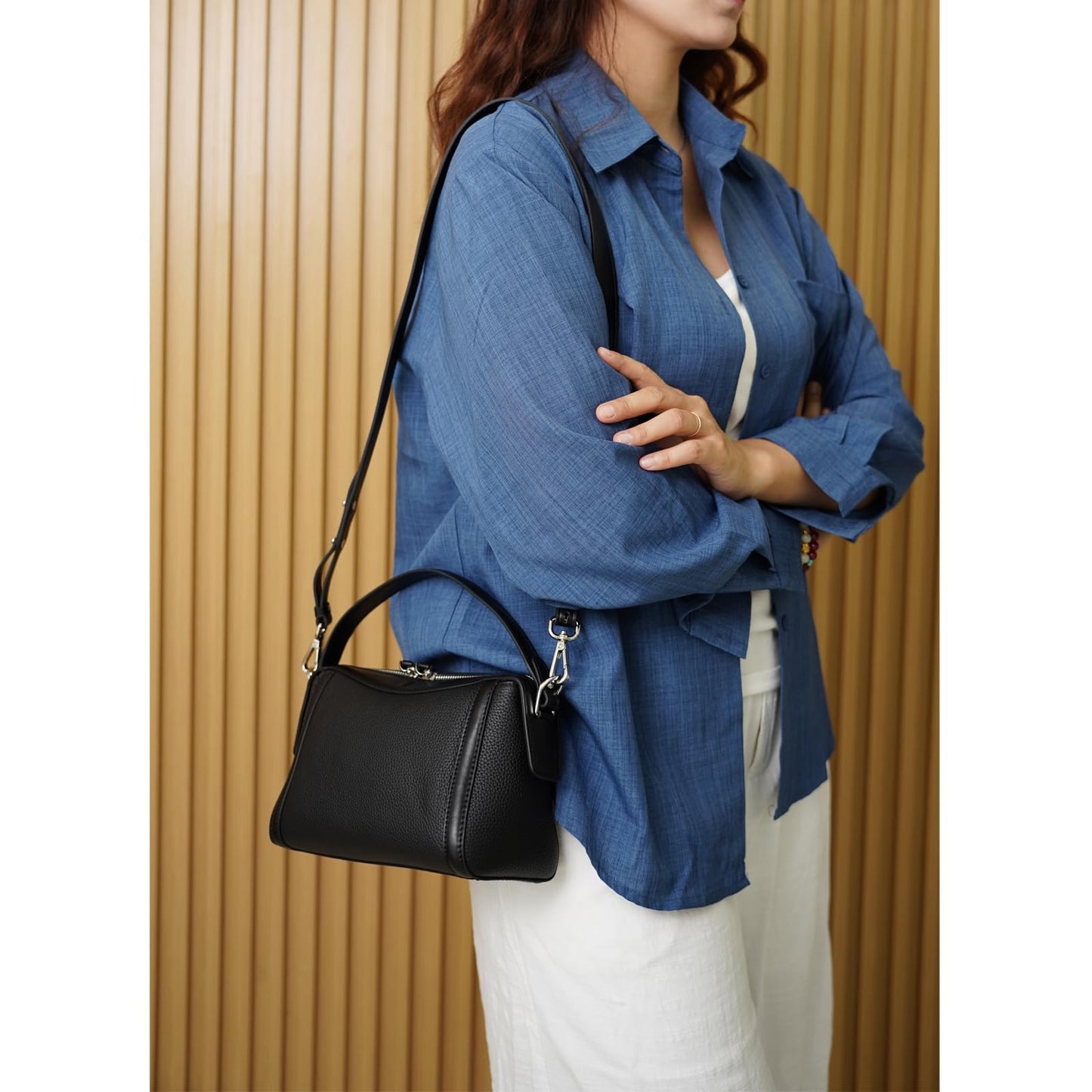 Rosvovo Genuine Leather Purse for Women with Top Handle，Leather Satchel purse Crossbody Bags Handbag with Adjustable Strap Black