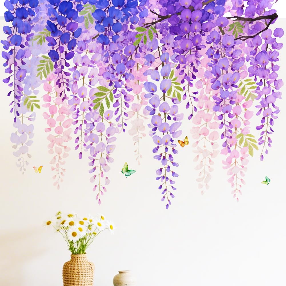 beinkmake 4pcs Purple Plants Leaves Wall Decal Hanging Vine Peel and Stick Wall Decal Butterfly Wall Sticker for Bedroom Living Room Hotel Decor 11.8x35.4inch