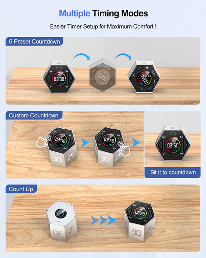 Ticktime Pomodoro Timer, Productivity Timer Cube, 3/5/10/15/25/30 Min Presets, Custom Countdown & Stopwatch 1s–99m59s, Sound/Vibration/Silent, Magnetic, Rechargeable, for ADHD Study Work, Gray