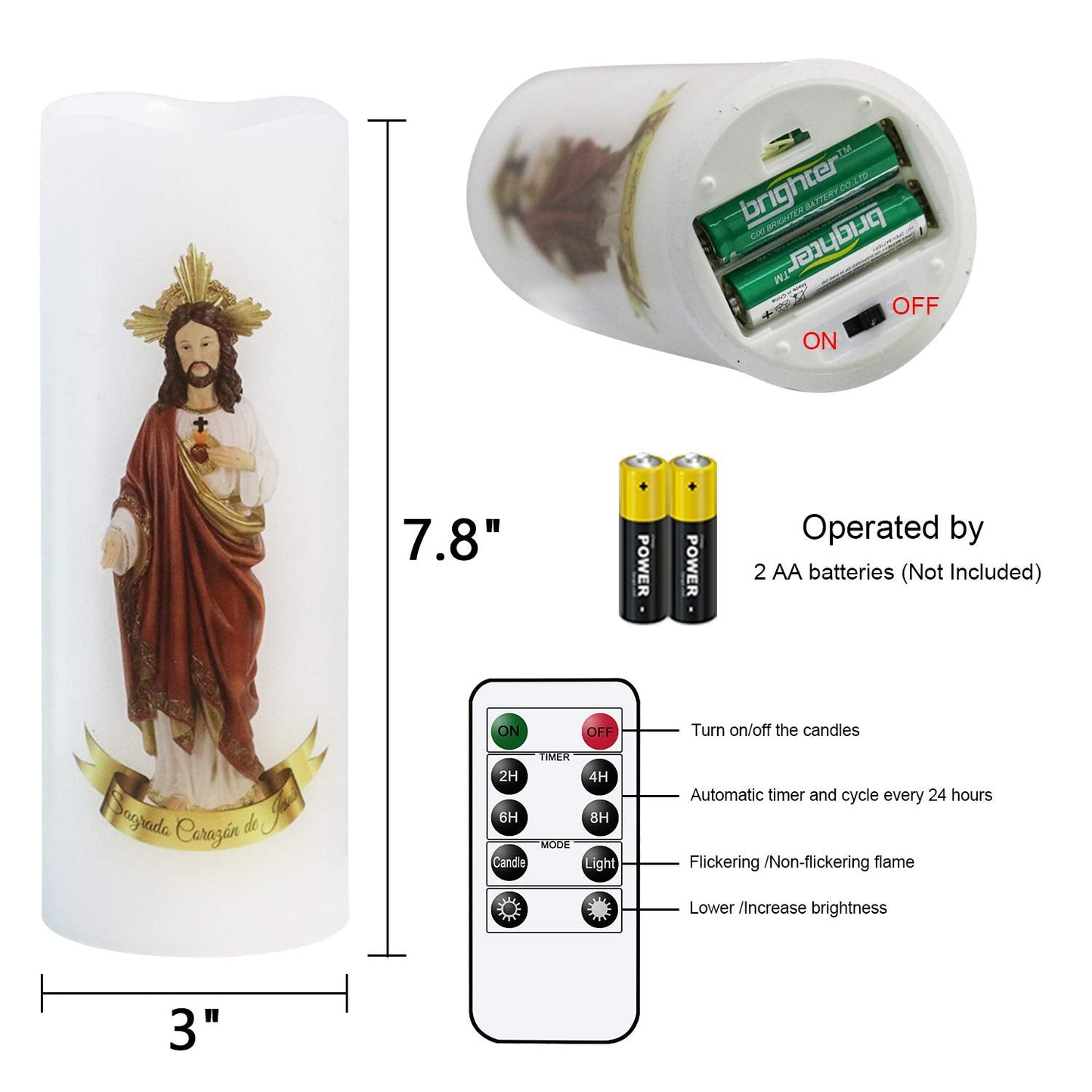 Wondise Sacred Heart of Jesus Picture Devotional Prayer Candle with Remote and Timer, Battery Operated Real Wax LED White Candle for Decoration Religious, Prayer in Spanish(3 x 3 x 6 inch)