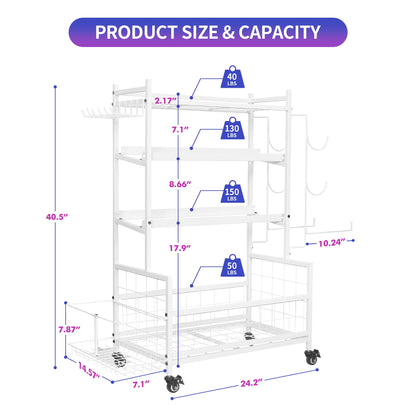 Rumizira Dumbbell Rack, Weight Rack for Home Gym Dumbbells, Adjustable Barbell Rack for Kettlebells Yoga Mat & Balls, Sports Equipment Organizer Storage Rack with Wheels for All in One Workout,White
