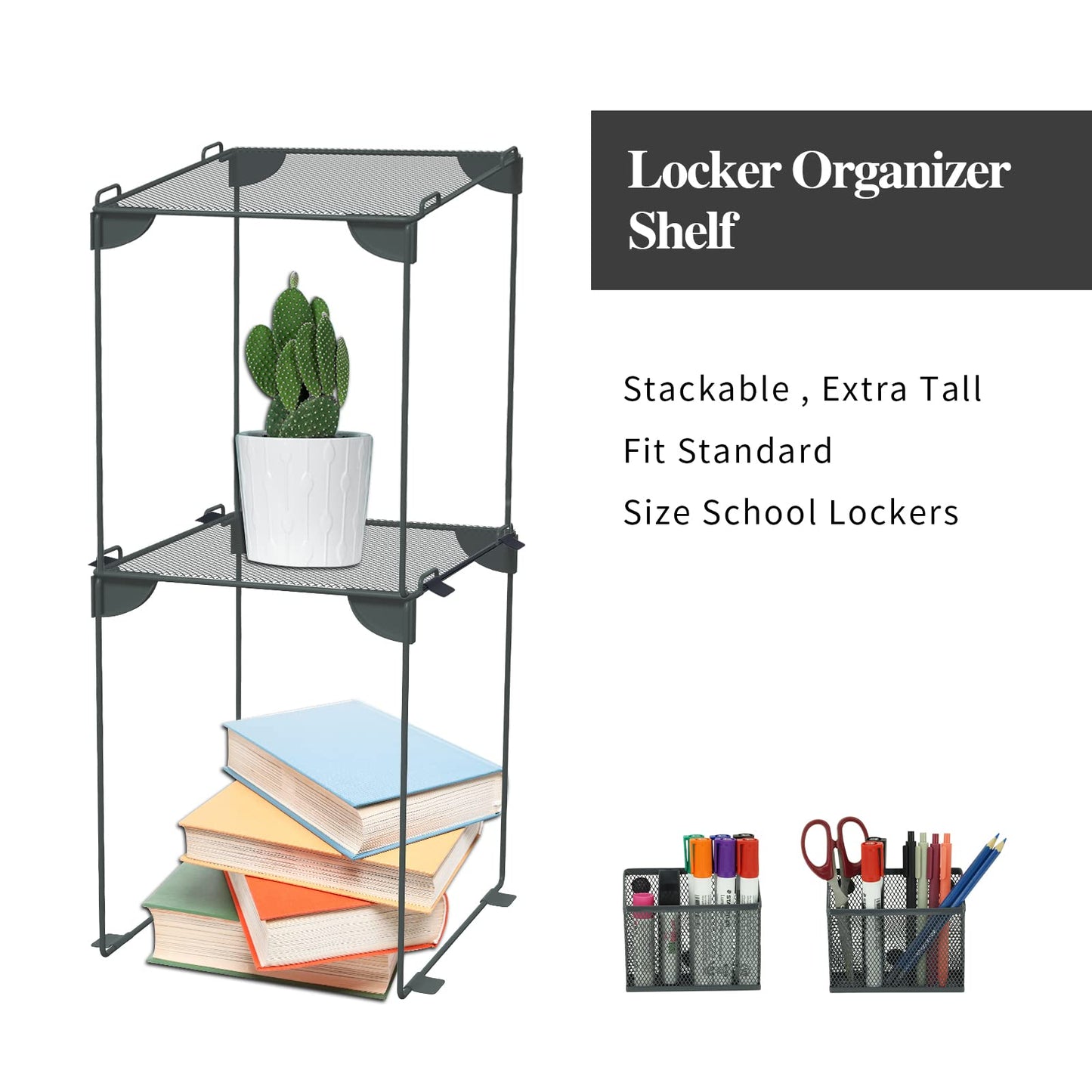 Neudeco Locker Accessories and Decor Kit, Including Mesh Shelf, Organizer, Magnetic Basket and Pen Holder, Suitable for School, Work, Kitchen, Bathroom, (Pack of 4, Grey)