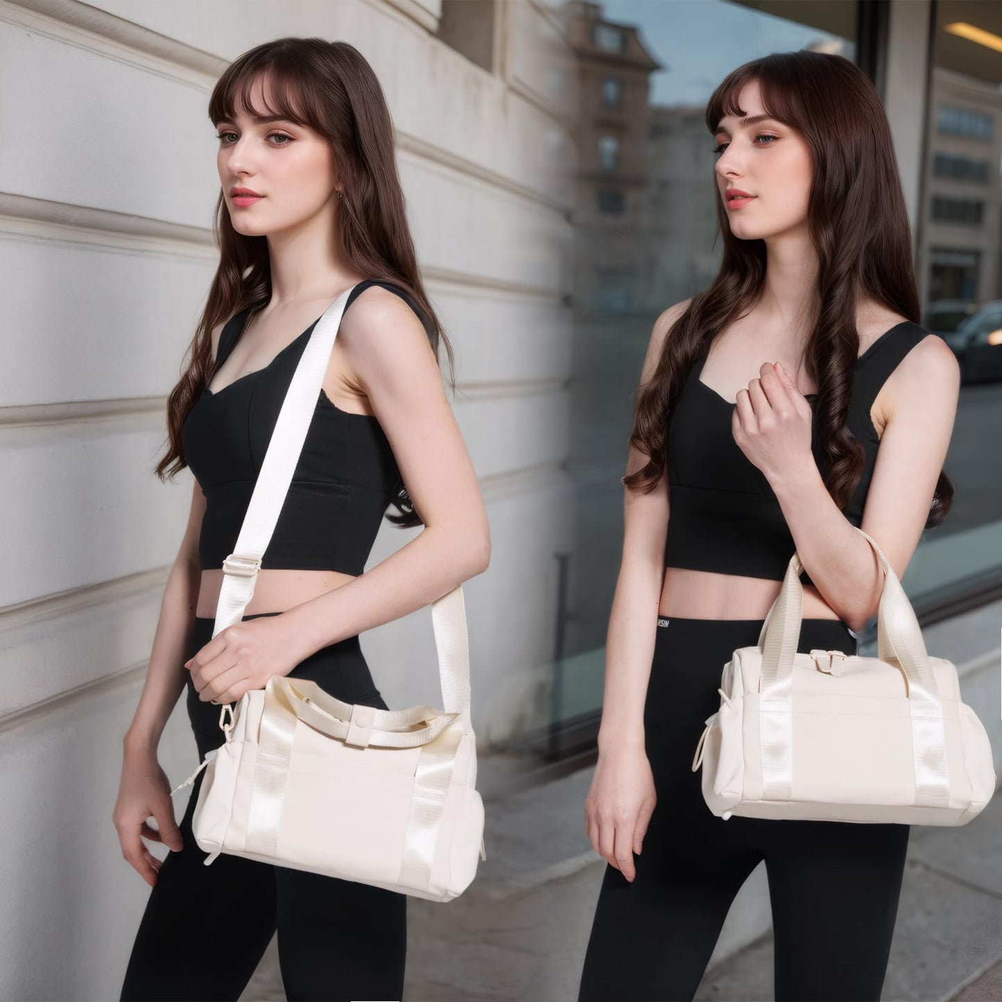 Bucosd Small Gym Bag for Women, Mini Crossbody Gym Duffle Bag with Wet Compartment, Carry on Gym Tote Bag for Workout Dance Sport Travel (Mini-Beige)