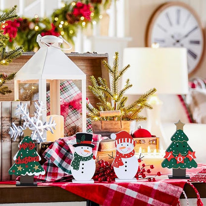 DECSPAS Christmas Decorations Indoor, 4 PCS Wood Christmas Trees & Snowmen for Centerpiece Table Decorations, Wooden Tiered Tray for Xmas Decor, Home, Winter, Tabletop, Mantel, Shelf, Gifts