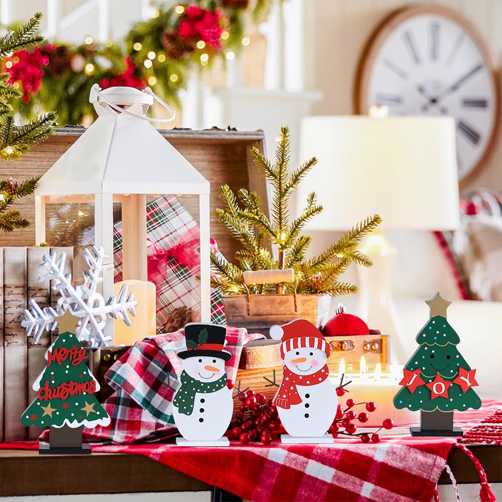 DECSPAS Christmas Decorations Indoor, 4 PCS Wood Christmas Trees & Snowmen for Centerpiece Table Decorations, Wooden Tiered Tray for Xmas Decor, Home, Winter, Tabletop, Mantel, Shelf, Gifts