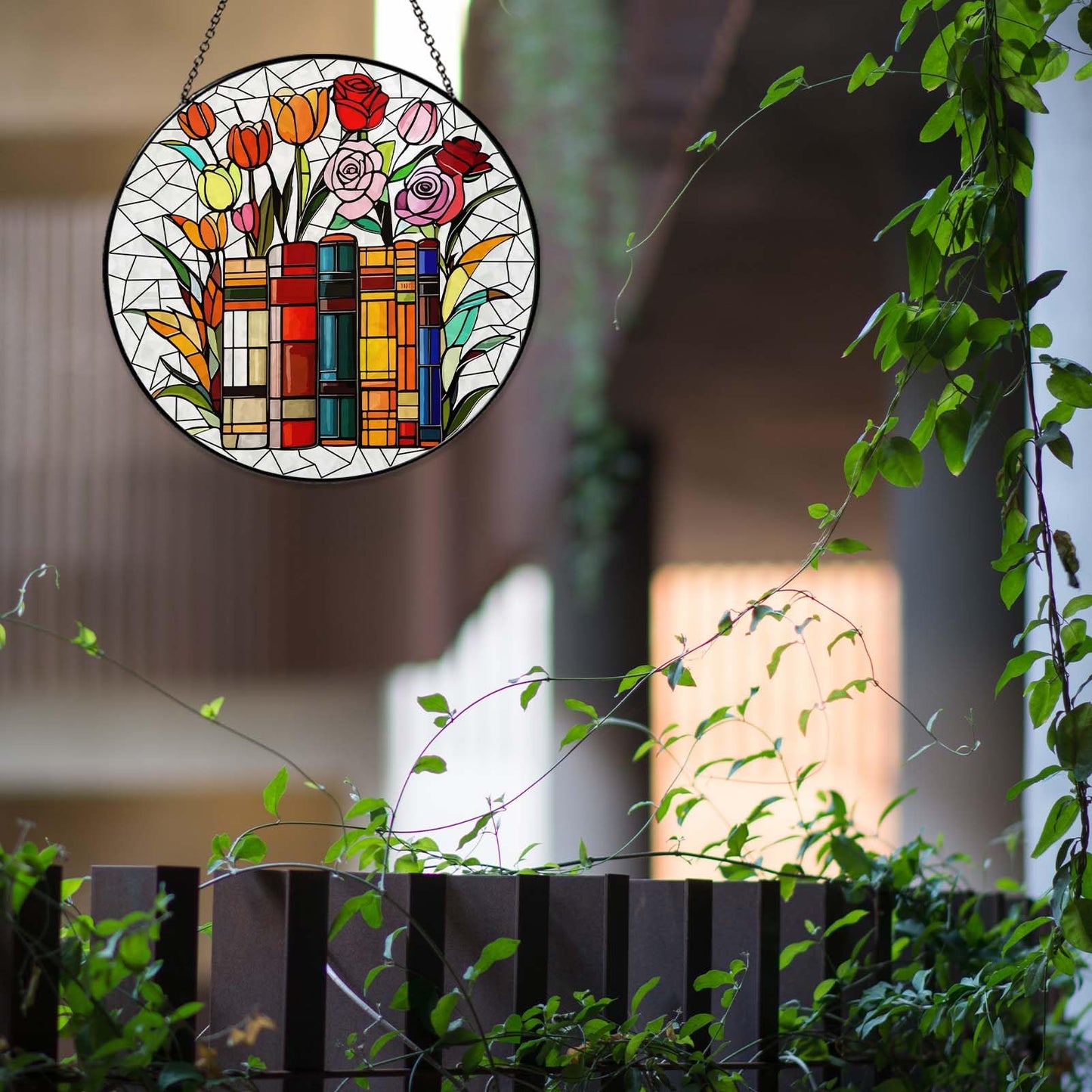 RVEAFA Flower Book Stained Glass Window Hanging 6'' Sun Catcher Book Club Lover Gifts for Women Reading Room Decor Handmade SunCatcher Decoration for Garden Home Bookish Library Decor