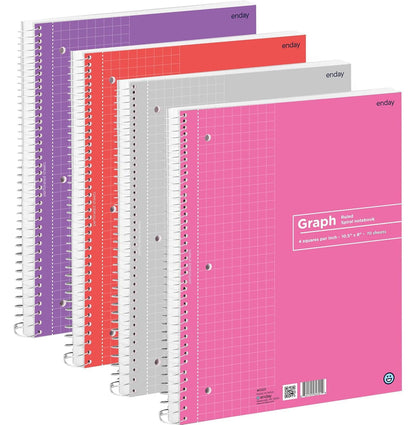 Emraw Graph Paper Notebook (4 Pack) Grid Notebook, Graph paper spiral notebook, Graph notebook, 4 Squares per inch Grid paper notebook, White Paper Quad Ruled Spiral Assorted Colors - by Enday