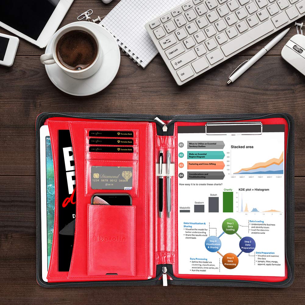 Darolin Vegan Leather Padfolio Portfolio with Handle & Clipboard, Zippered Business Portfolio Organizer for Meetings, Interviews & Travel, Fits A4 & Letter Size, Padfolio for Men Women (Red)