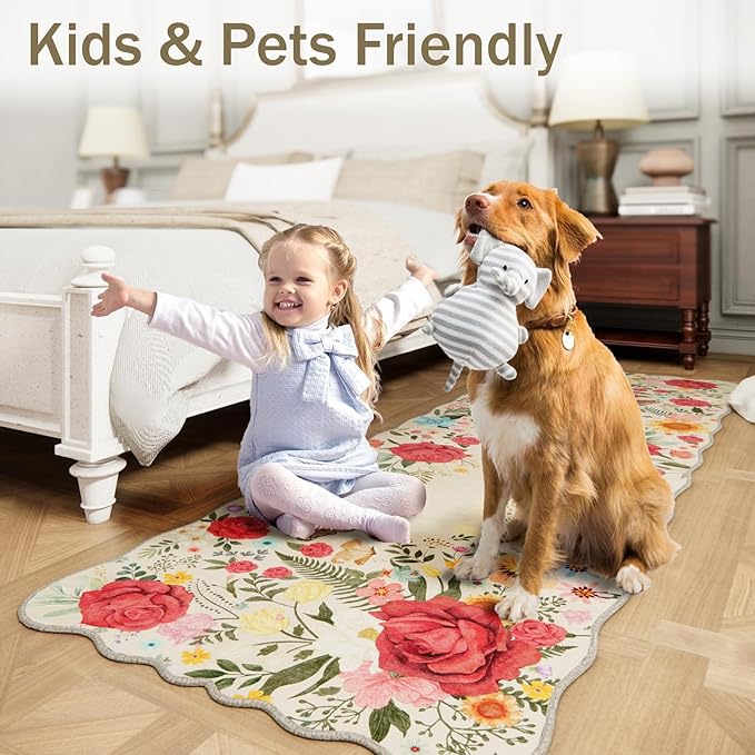 Kitchen Rug Runners for Hallways: 2x6 Washable Runner Rugs for Kitchen Ultra Thin Stain Resistant Non Slip Low Pile Lightweight Vintage Floral Carpet for Laundry Room, Bedside Decor (Beige)
