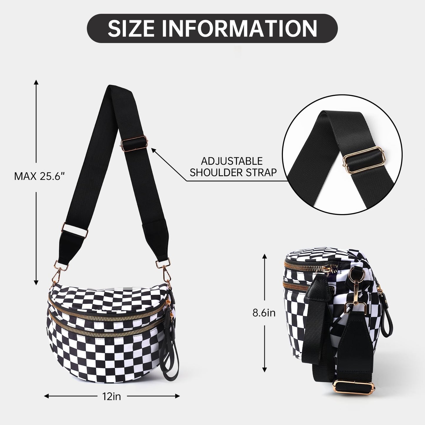 FFEDAYUN Checkered Crossbody Bag Spacious Bum Bags for Women Nylon Fanny Packs Belt Bag Handbags Wallets for Shopping Travel,Black White