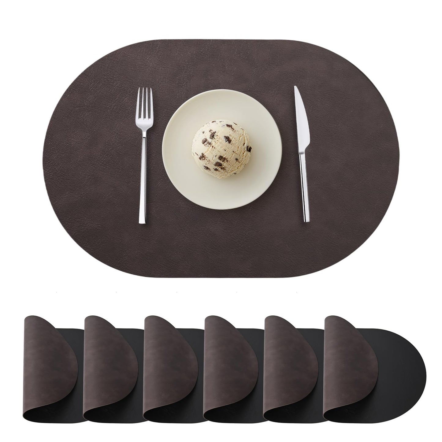 Oval Placemats Set of 6, Faux Leather Place Mats for Dining Table Dual Sided Placemats Heat Resistant Washable Wipeable Table Mats for Indoor Outdoor, Dark Brown/Black