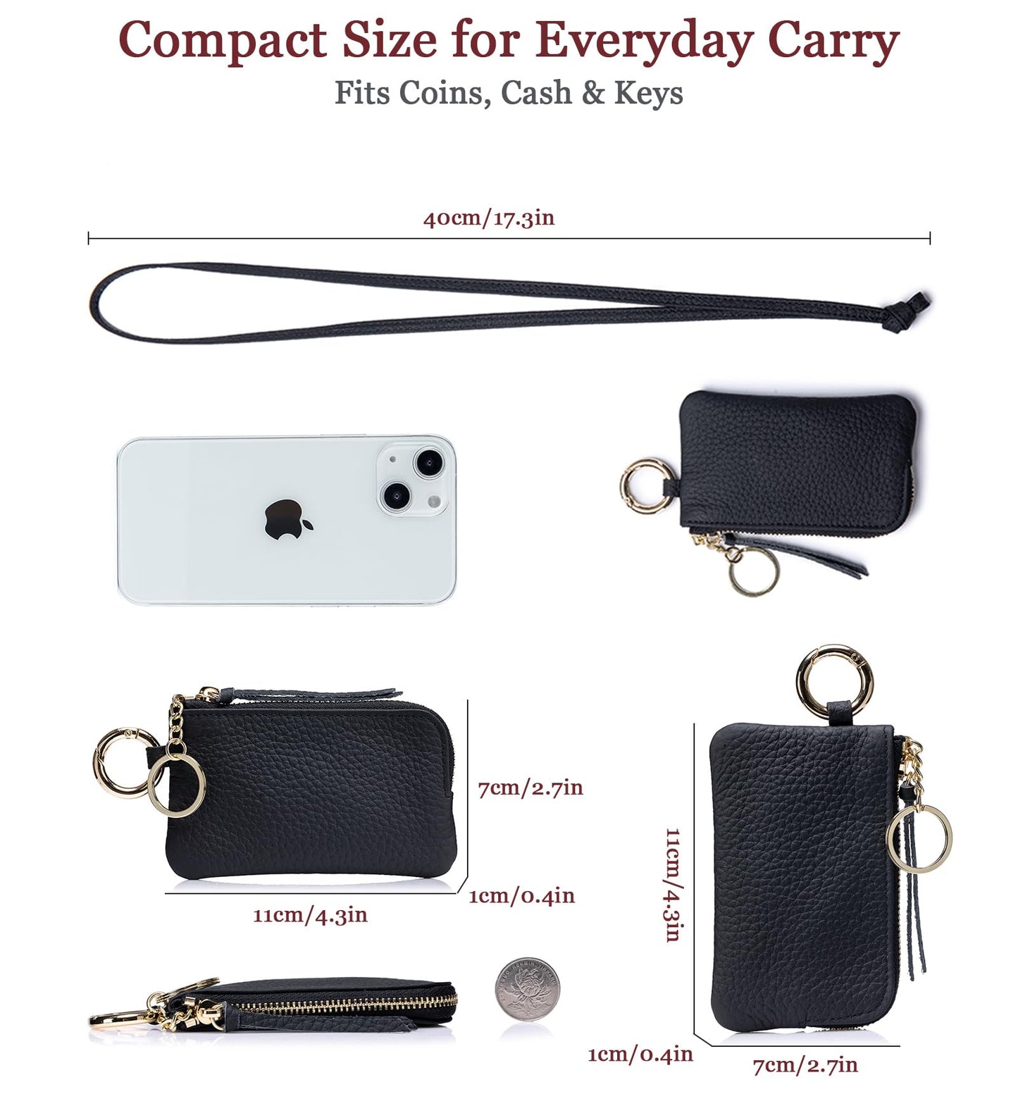 LnxLtw Leather Coin Purse for Women with Keychain & Wrist Strap – Small Zipper Coin Pouch, Mini Change Wallet, Slim Travel Key Pouch with Gift Box (Black)