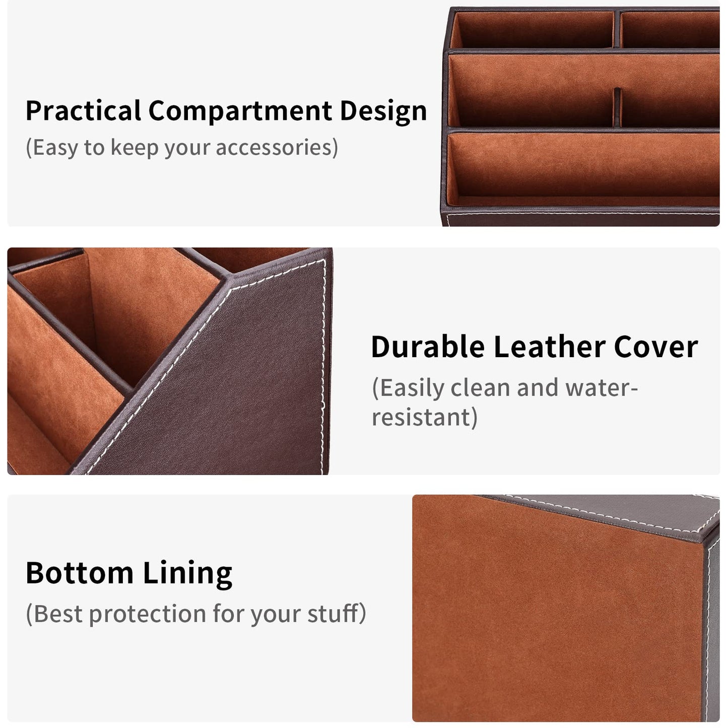 KINGFOM Pu Leather Desk Organizer with 5 Compartments Holder, Multi-Functional Office Supplies Storage Caddy for Pen/Pencil, Phones, Remote Controller and Desktop Accessorie Brown