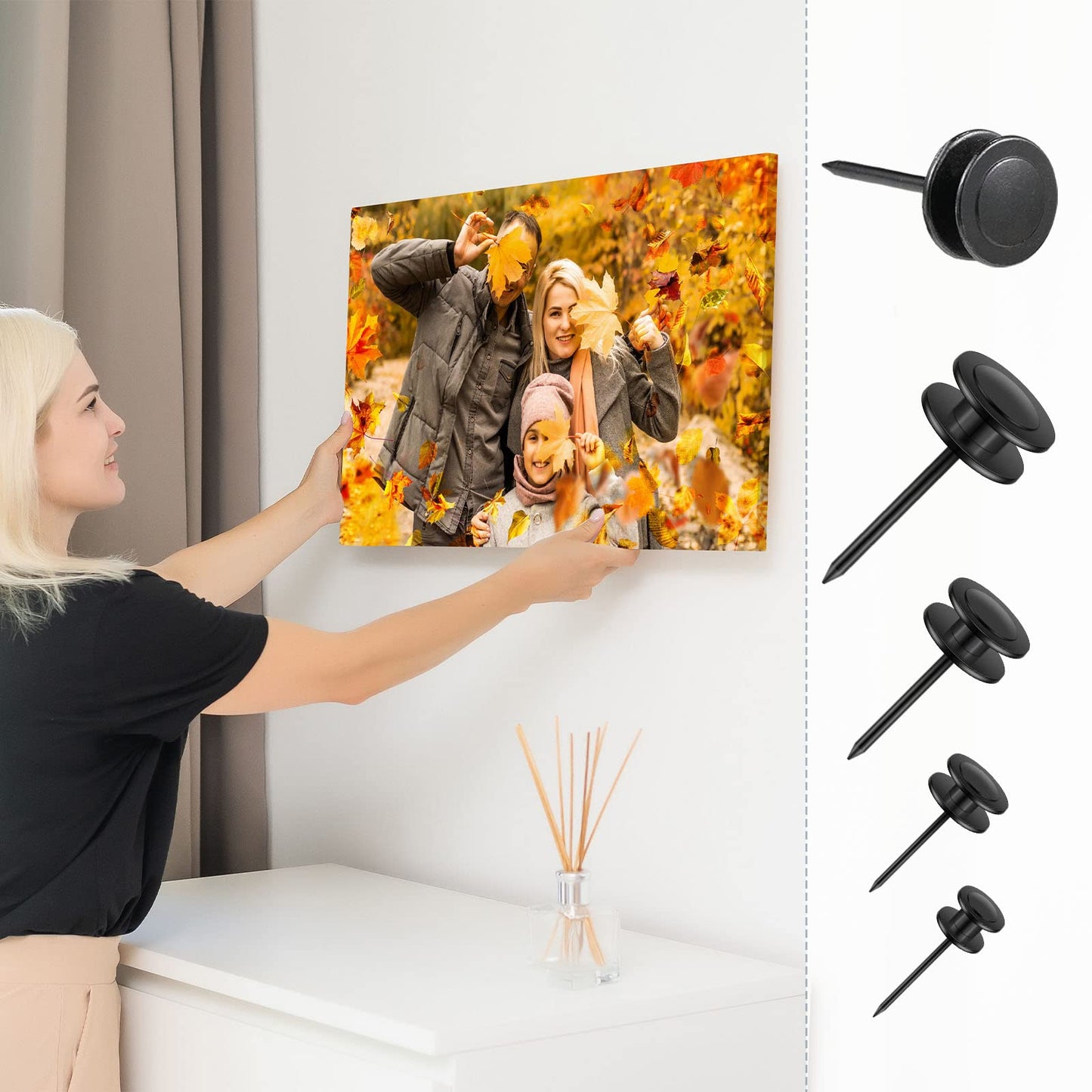 Ferraycle 40 Piece Double Headed Picture Hangers Nails 4 Size Thumb Tacks for Wall Hanging Renter Friendly Decor Heavy Duty Push Pins Wall Nails for Drywall Frame Art, 10/20/ 30/ 50lb(Black)