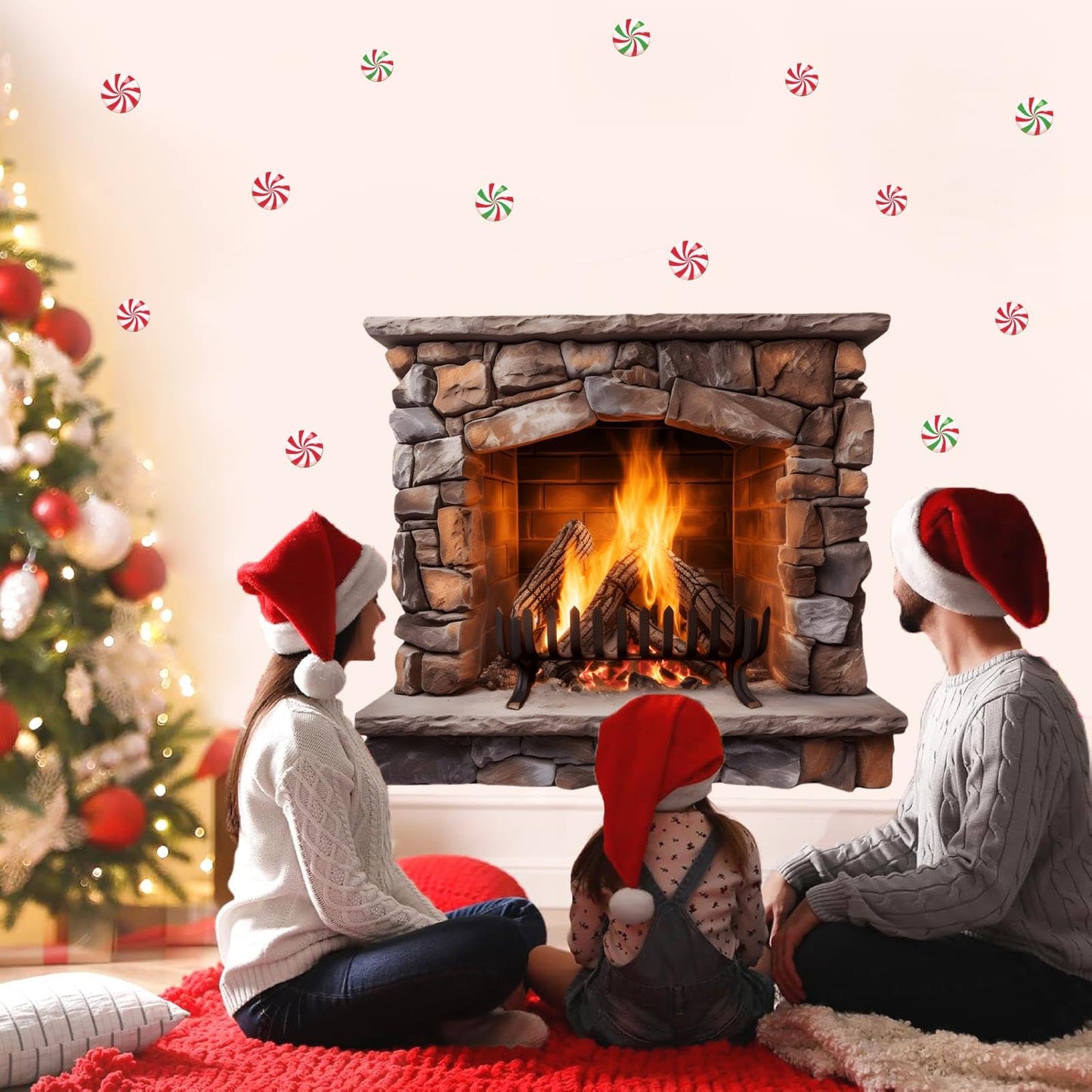 Large Christmas Wall Decals Christmas Wall Decoration Vinyl Sticker Peel and Stick Indoor Xmas Fireplace Decal for Walls Removable Peppermints Xmas Art Murals for Living Room Holiday Xmas Party Supply