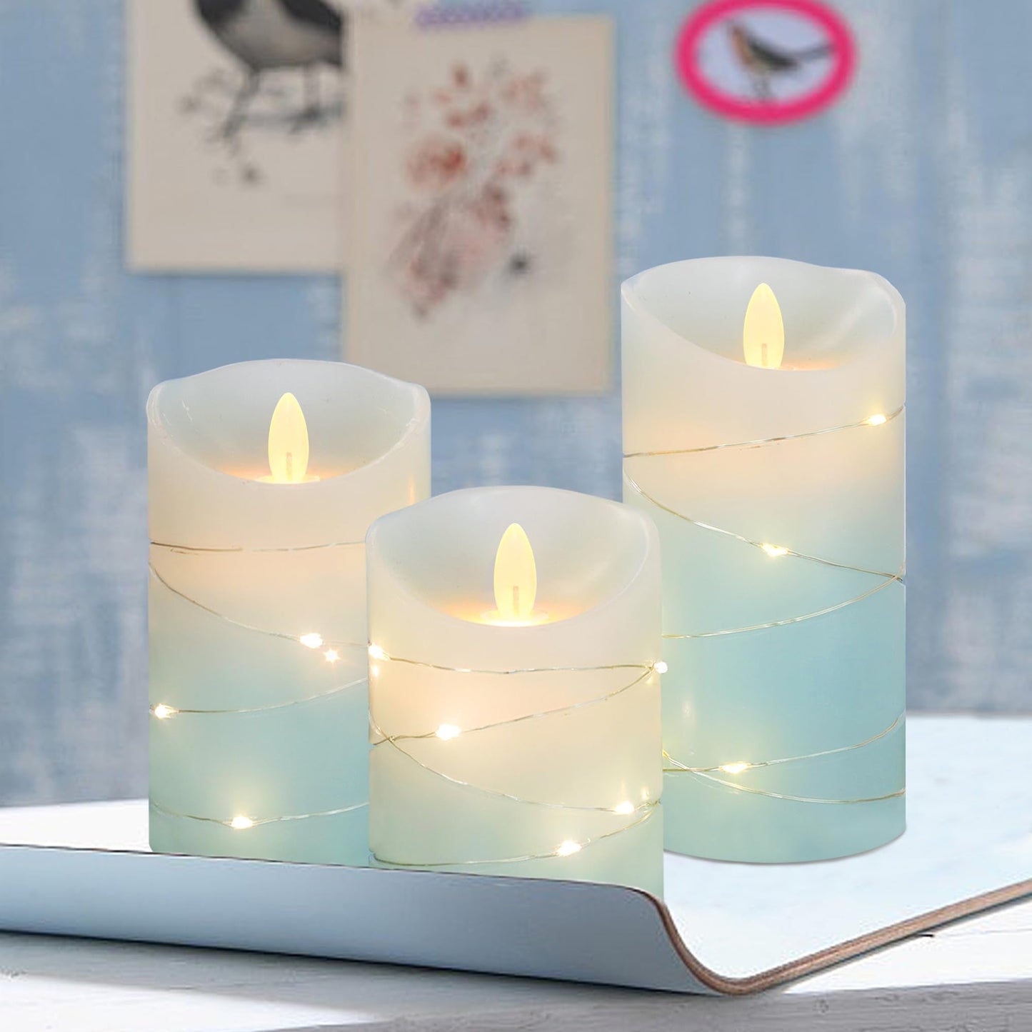 MELTONE Nautical Flameless Candles with String Lights Real Wax Ocean Blue Flickering Battery Operated Candles with Remote Control & Timer - Home Farmhouse Xmas Kitchen Dining Room Decor - Set of 3
