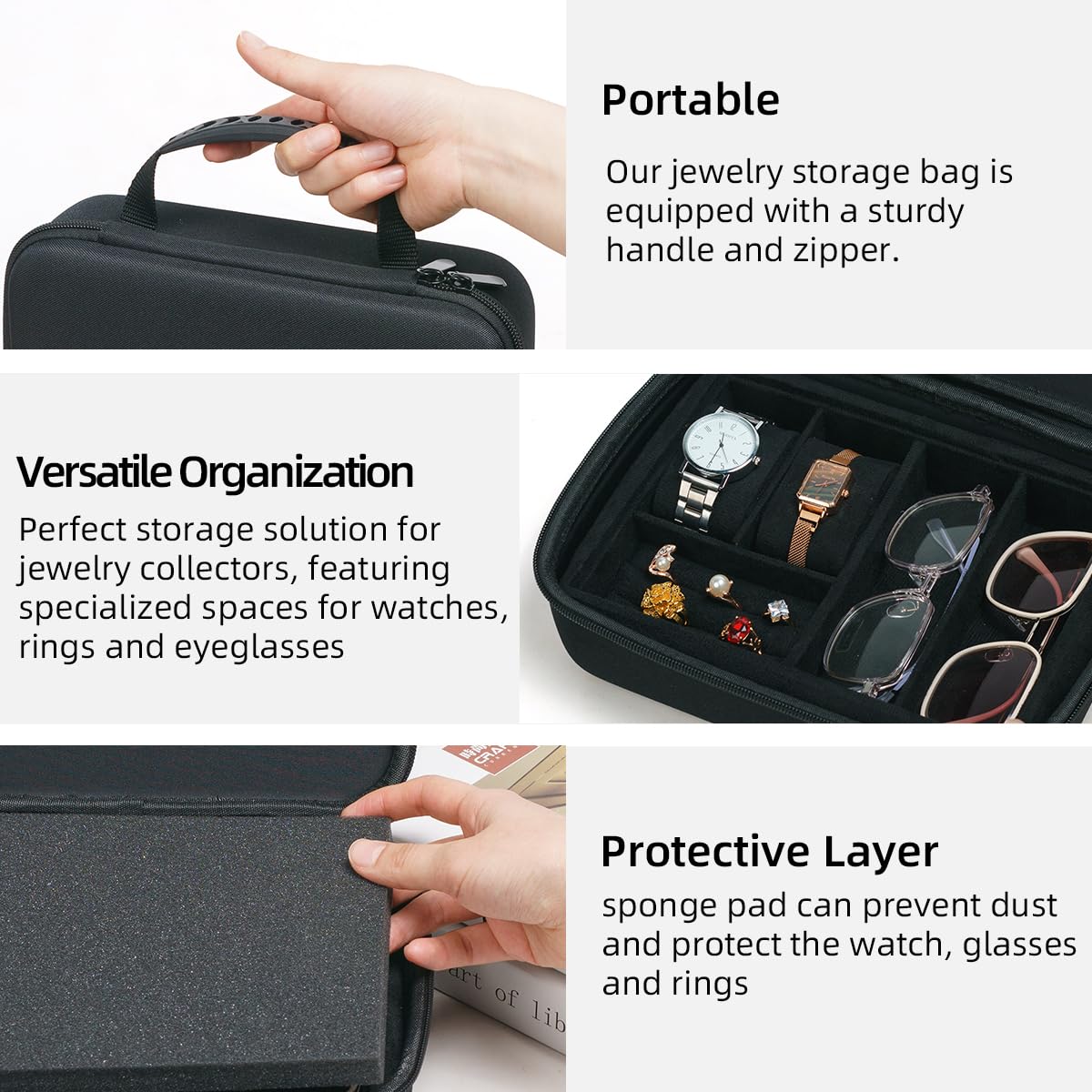 SORNDIF Large Travel Watch Case 5Slot Portable Jewelry Box Versatile Watches Sunglasses Organizer Rings Eyeglasses Zippered Carrying Bag Men