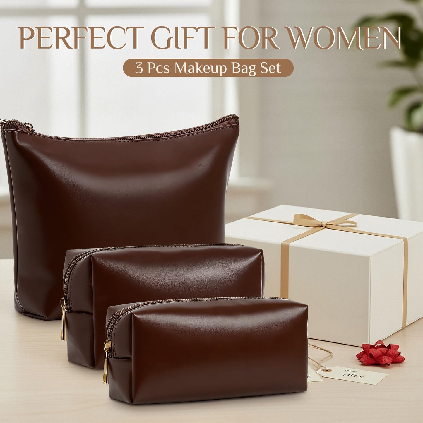 Kigeli 3 Piece Leather Makeup Bag Set Graduation Women Gifts PU Leather Makeup Toiletry Bag Bridesmaid Cosmetic Pouch Small Aesthetic Travel Purse for Wedding Birthday Women Gifts(Coffee)