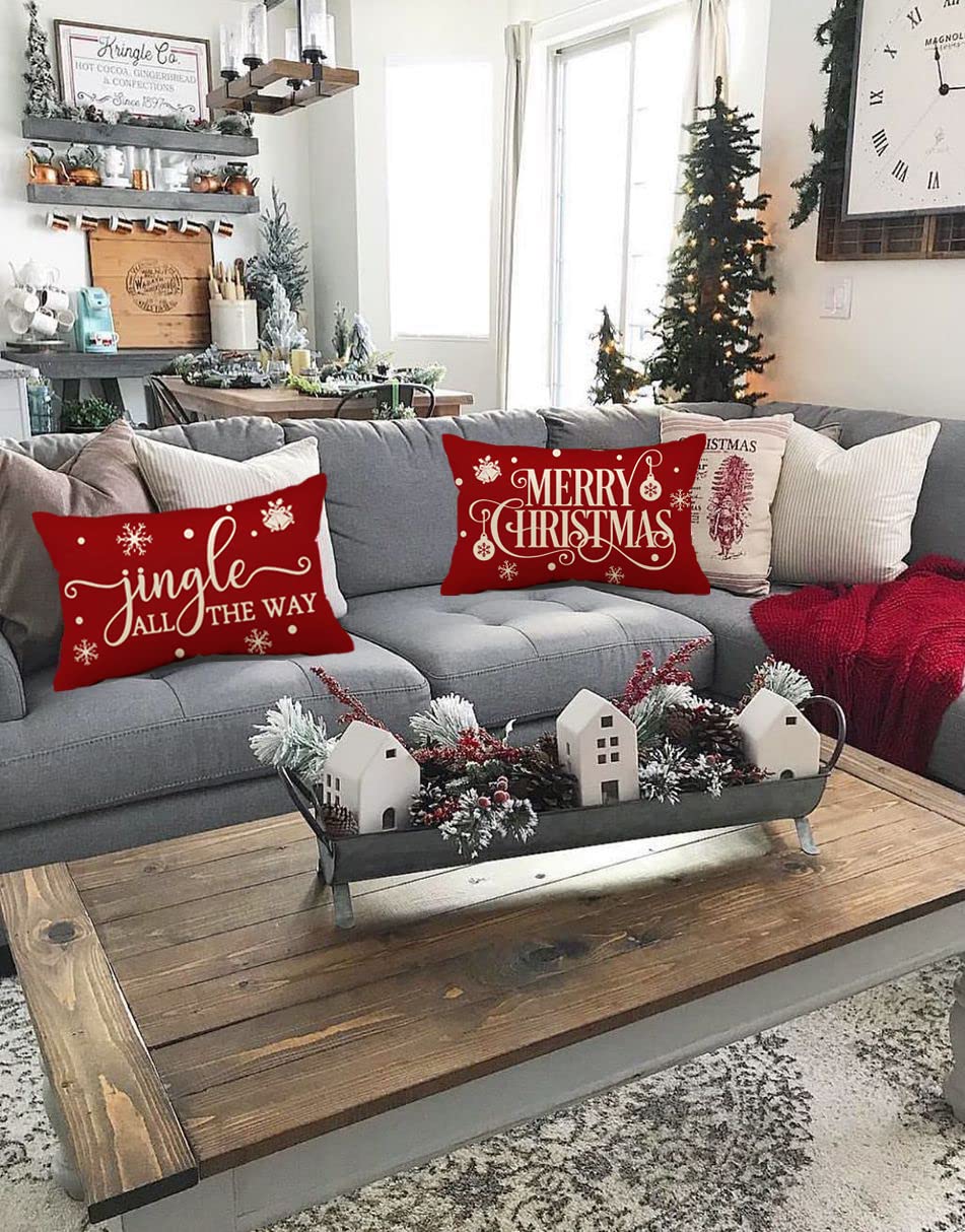 Allorry Merry Christmas Pillow Covers Set of 2 Cotton Linen Farmhouse Christmas Decorations Throw Pillow Cases Covers for Couch Bed Sofa 12x20 Inches