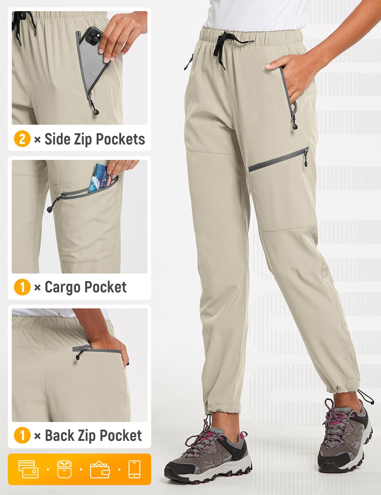 baleaf Travel Pants Women Hiking Long Tall Lightweight Quick Dry Water Resistant Cargo Pants 31'' Trip 31''-Suntan XS