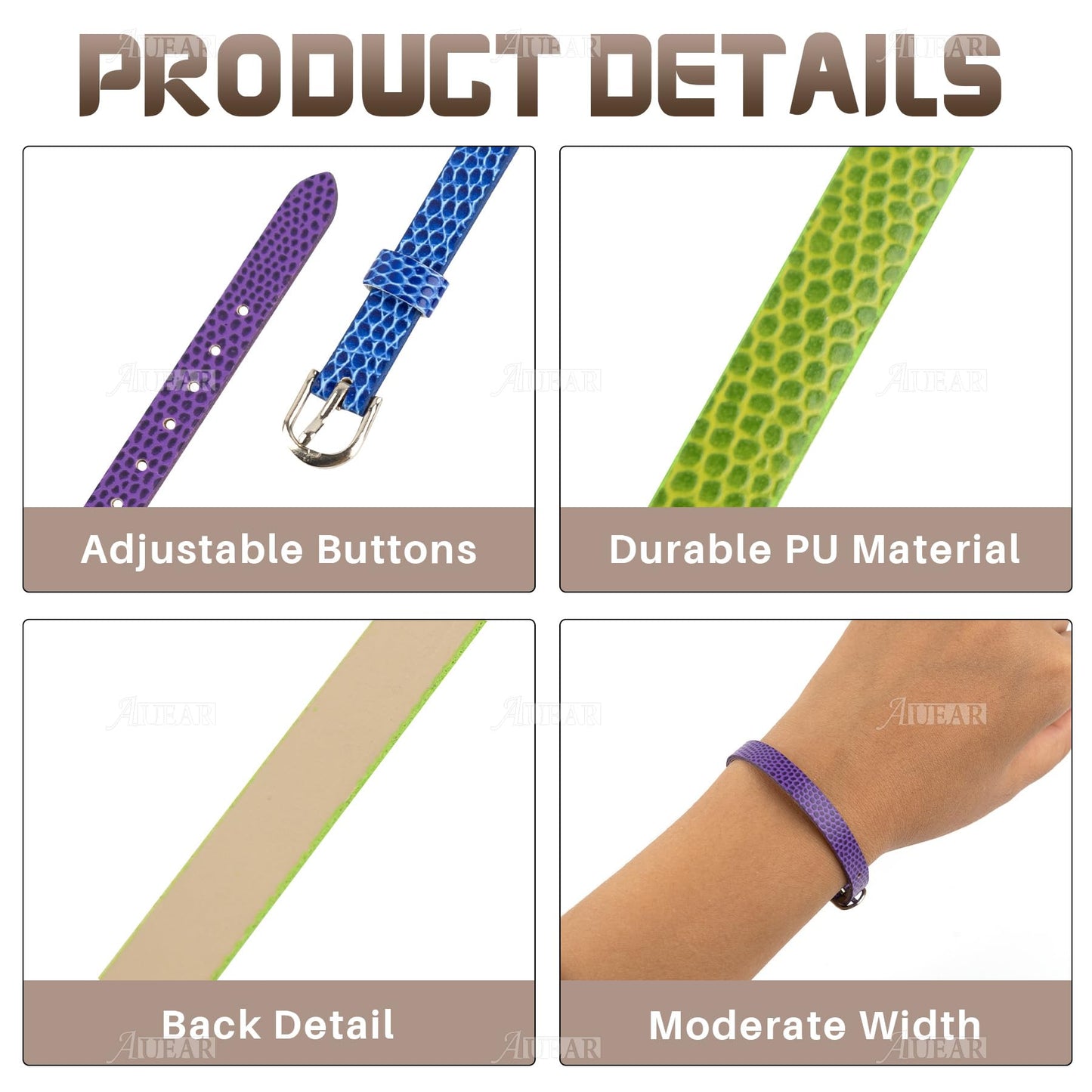 AUEAR, 20 Pack 8mm Wristbands Bracelets for Slide Letters Mix Colors Jewelry Making DIY Craft 10 (Leather Slide)