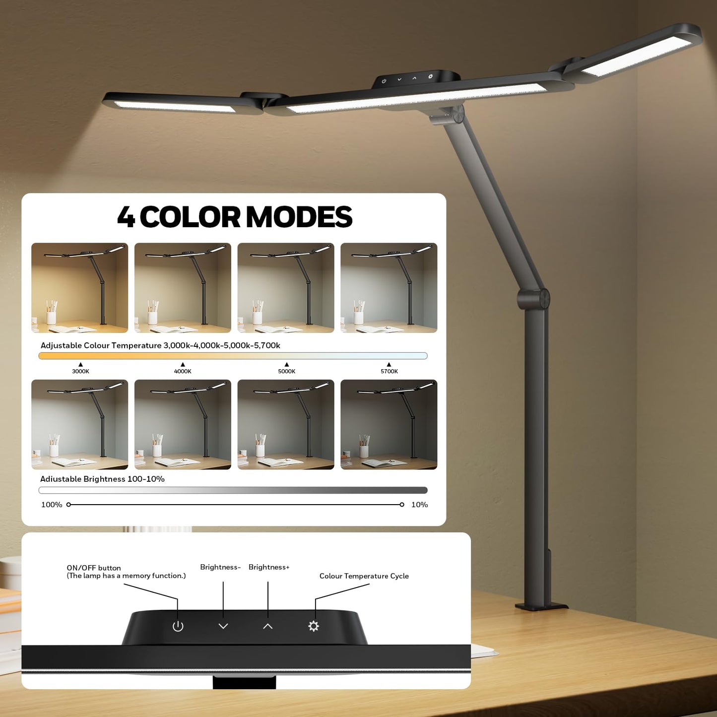 Honeywell Wide Desk Lamp with Clamp for Dual Monitors, 22W Full-Spectrum Eye-Caring LED Desk Lamp for Home Office, 3-Section Adjustable Architect Light for Large Desk, Stepless Dimming, 3000K-5700K