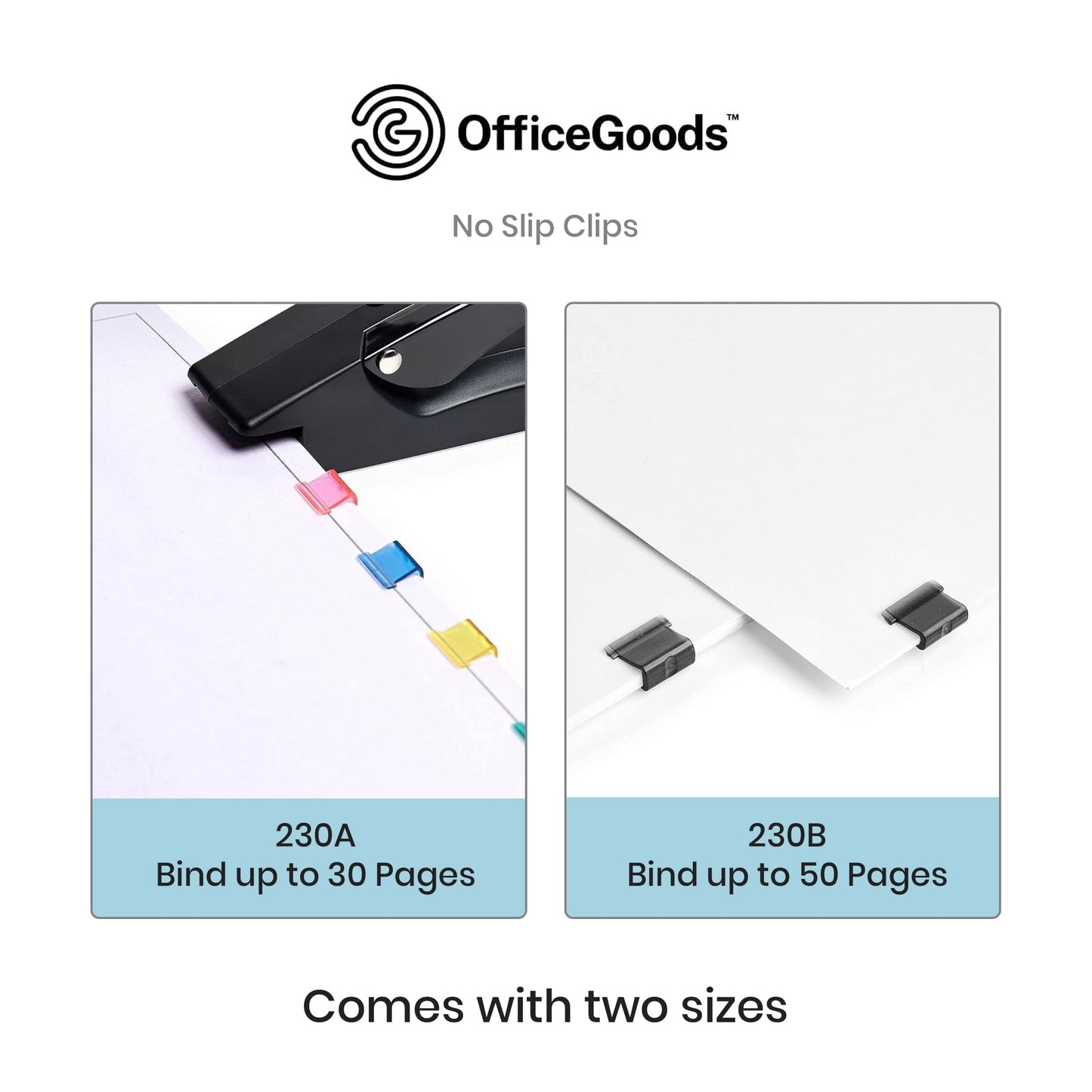 OfficeGoods No Slip Clip Refills - Binds Up to 50 Pages - Reusable - Works with No Slip Clip Dispenser - 50 ct Box Each Small & Large - 100 ct Total - Black