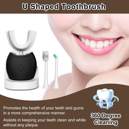 Magentak Ultrasonic U-Shaped Toothbrush for Teeth Whitening, Electric Toothbrush for Adults 360-degree Cleaning,3 Brush Heads, Wireless Charging and IPX7 Waterproof Kit for Travel or Home(Black)