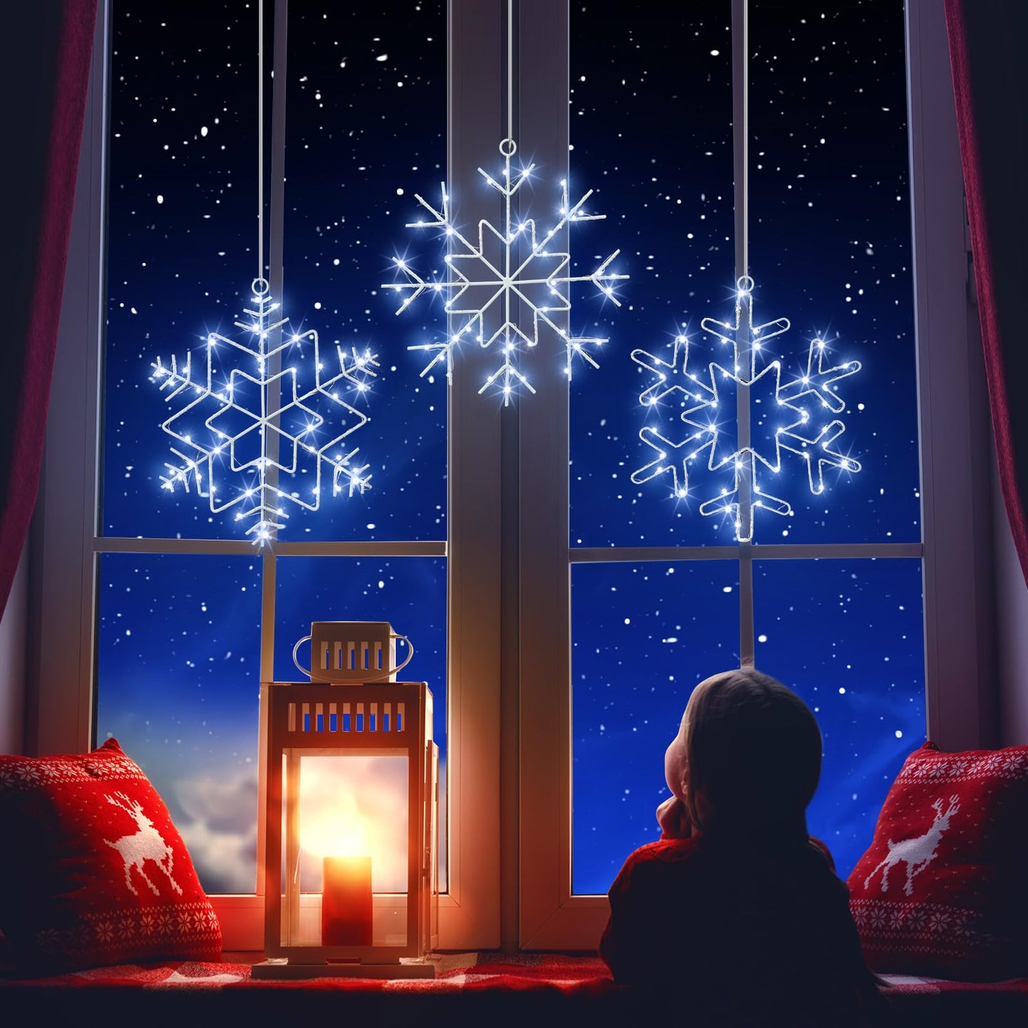 Baquler 2 Set Christmas Snowflake Solar Lights 20 Feet 138 LED Waterproof Outdoor Cool White Twinkle Fairy Lights 8 Modes Solar Hanging String Lights Decoration for Xmas Tree Porch Roof Window Decor