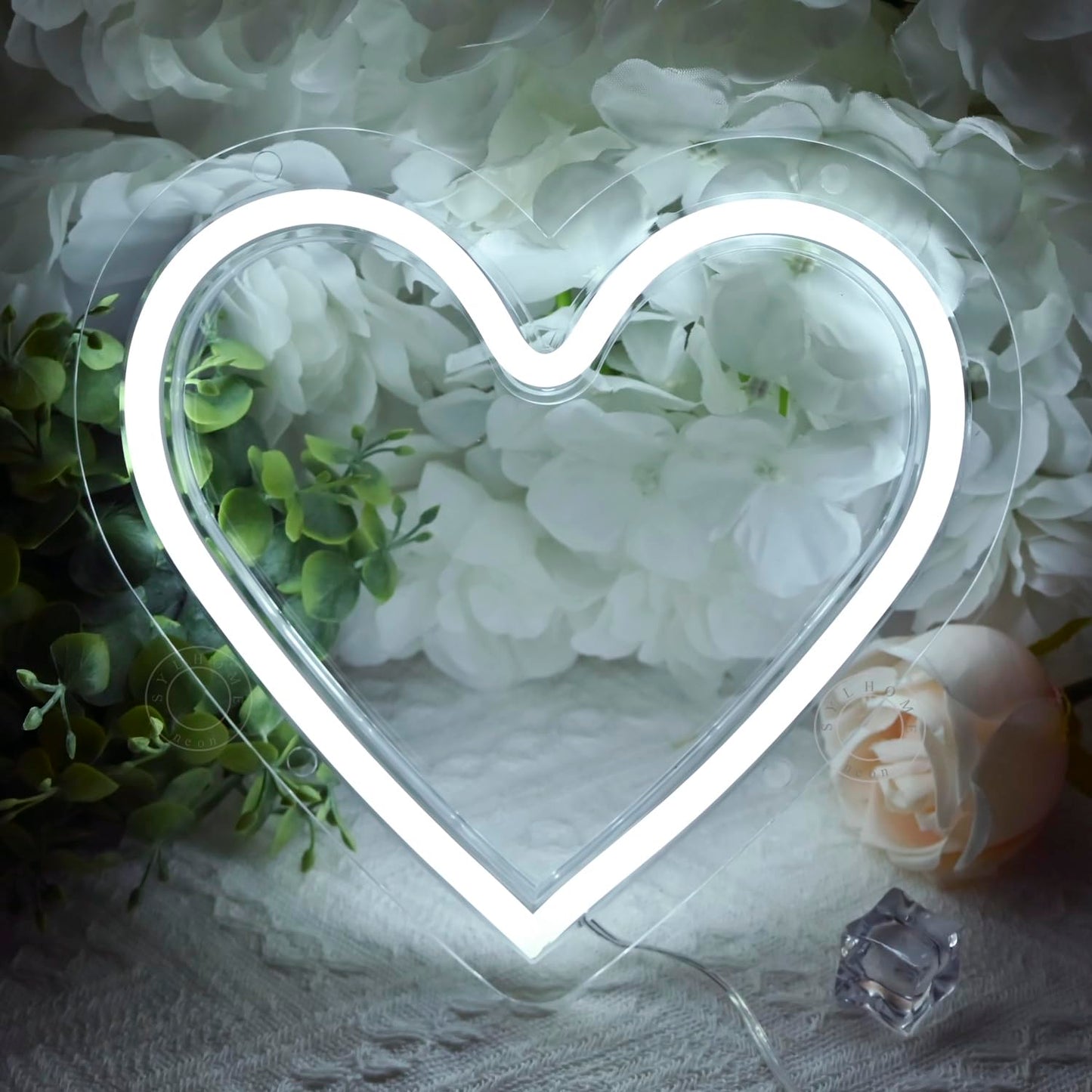 SYLHOME Heart Led Neon Light Sign Battery Operated or USB Powered Bedroom Wedding Wall Sign Decor Valentines Day Birthday Christmas Gifts USB 7.87" X 7.28" Cold White