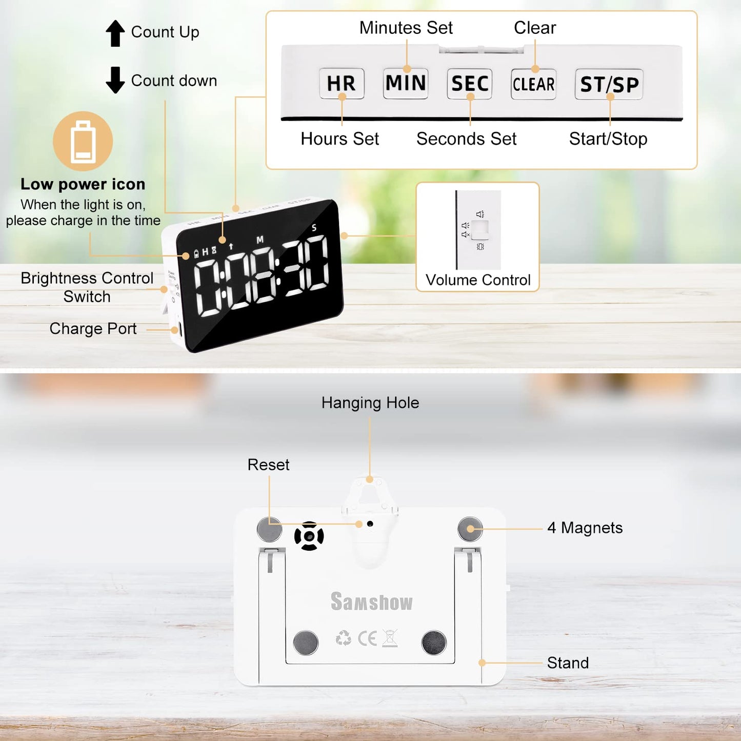 Rechargeable Digital Kitchen Timer for Cooking, Magnetic Timers with Countdown/up, Kids Timer with 5”LED Display 3 Brightness 4 Volume Adjustable for Classroom/Office/Home/Work/Study/Fitness/Game