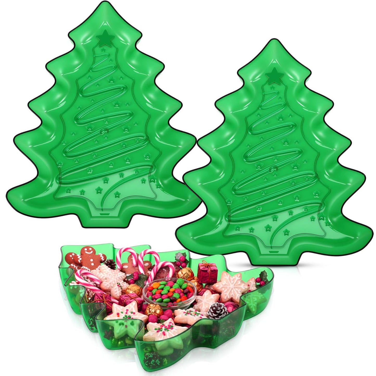 Wiwiqing 2 Pcs Christmas Tree Shaped Serving Tray Plastic Green Christmas Serving Platter Reusable Xmas Snack Tray Food Holder Appetizer Platter for Winter Xmas Themed Party Supplies Home Decoration