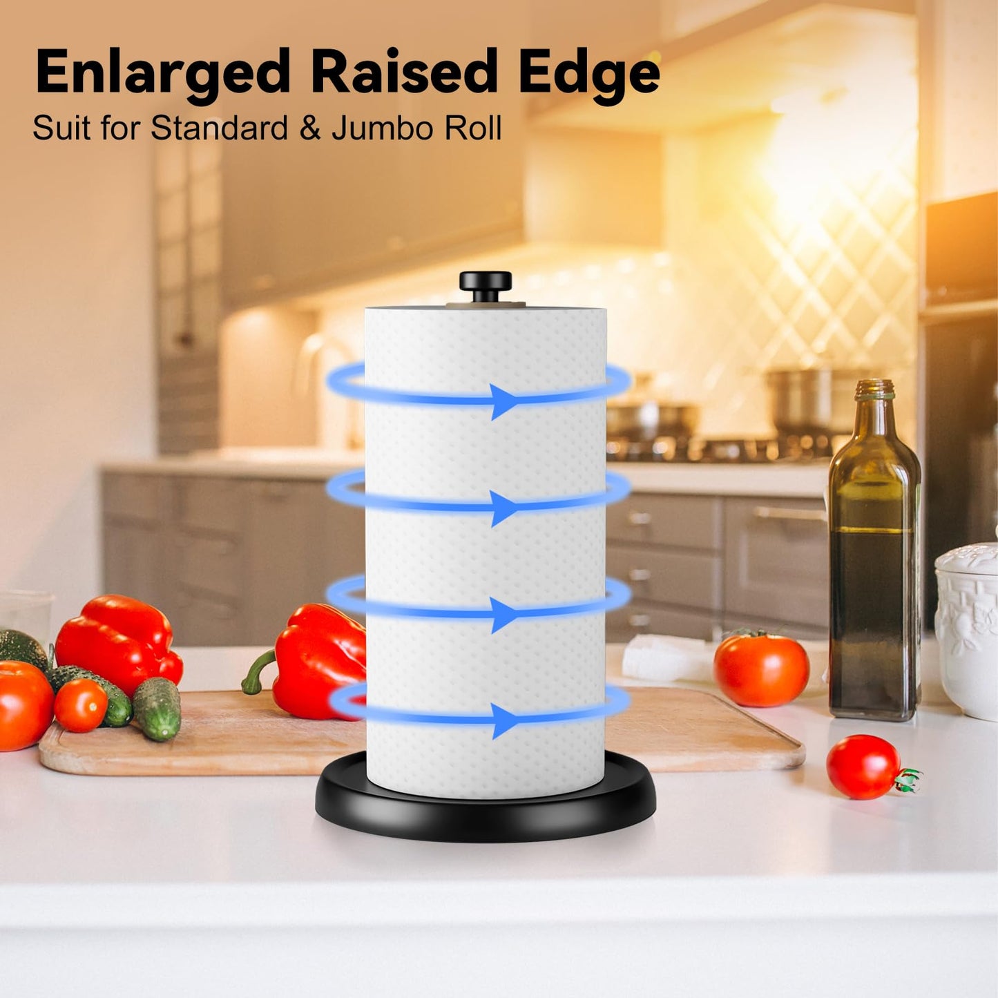 Countertop Paper Towel Holder - One-Handed Tear with Ratchet Mechanism, Weighted Base Degradable Plastic Paper Towel Stand, Black Farmhouse Kitchen Bathroom Decor Accessories