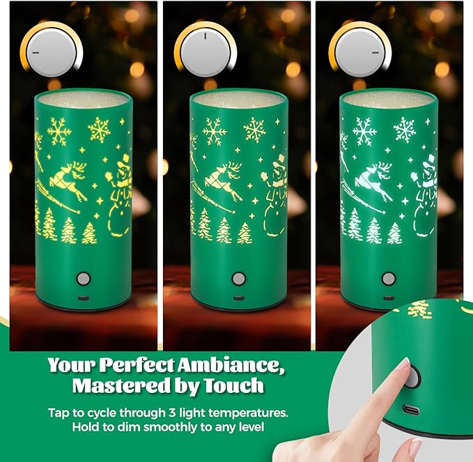 Christmas Table Lamp with Hollow-Out Design - Rechargeable Touch Control Dual Color LED, Warm/Cool White Metal Decor for Home Desk Party, 1200mAh Battery - 2pack(Greed)