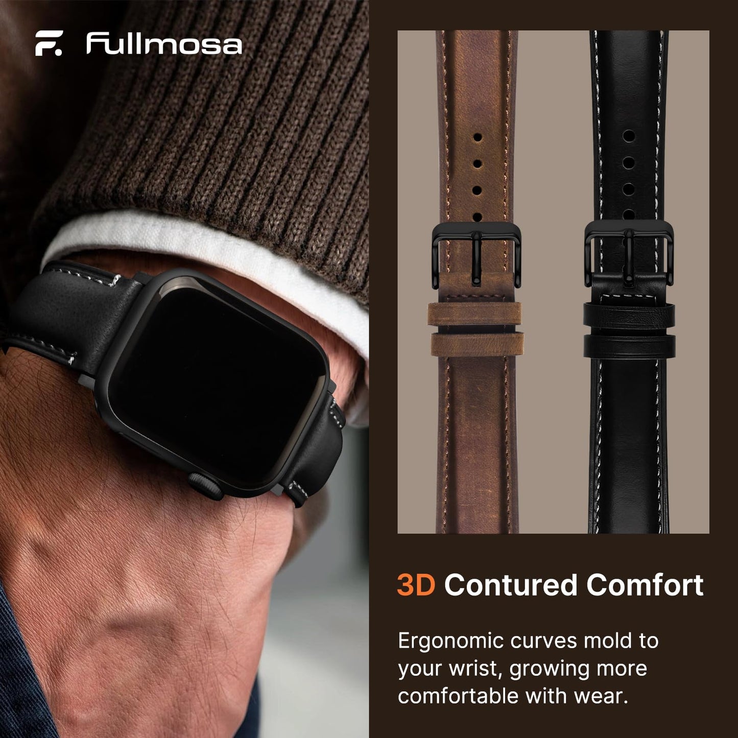 Fullmosa Leather Band Compatible with Apple Watch Bands 49mm 46mm 45mm 44mm 42mm,Top Grain Leather iWatch Straps for Apple Watch Ultra SE Series 11 10 9 8 7 6 5 4 3 2 1,Coffee+Black/Black+Black