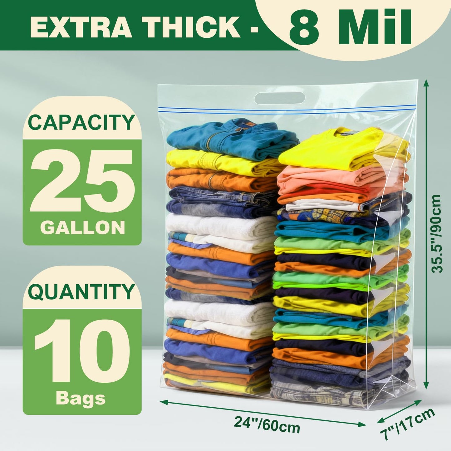 10 PACK 25 Gallon Extra Large Storage Bags, 35.5"x 24"x 7" Resealable Clear Zipper Bags with Handle, Heavy Duty Big Bag for Clothes Pillow Travel Moving, Expandable Bottom, 8 Mil Thick