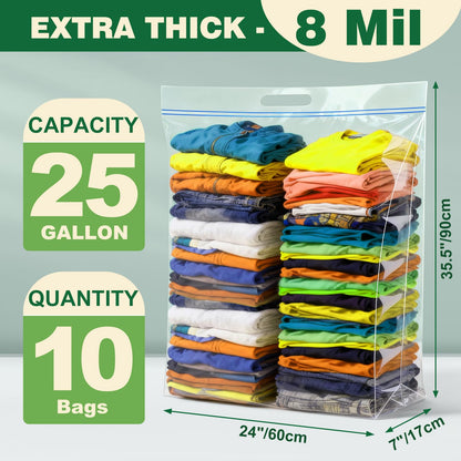 10 PACK 25 Gallon Extra Large Storage Bags, 35.5"x 24"x 7" Resealable Clear Zipper Bags with Handle, Heavy Duty Big Bag for Clothes Pillow Travel Moving, Expandable Bottom, 8 Mil Thick