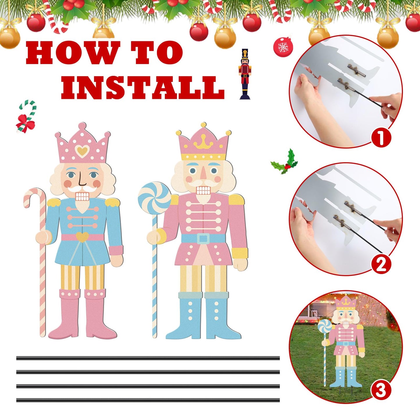 Pinkunn 2 Pcs Pastel Christmas Nutcracker Yard Stake Candy Cane Metal 3D Outdoor Christmas Decorations Xmas Nutcracker Yard Signs for Xmas Outdoor Garden Lawn Party Decor